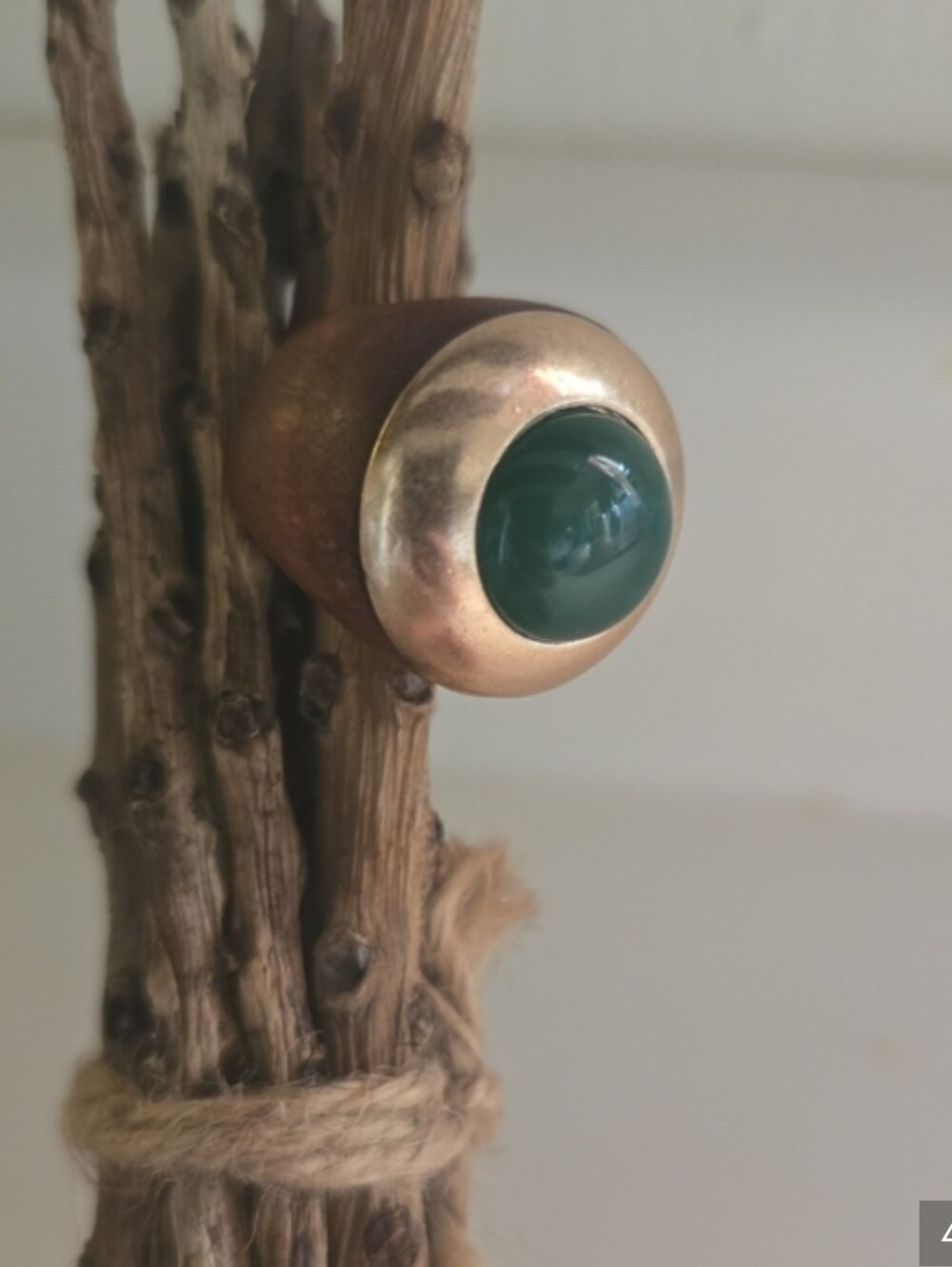 Brass & Green Cabochon Wood Ring
